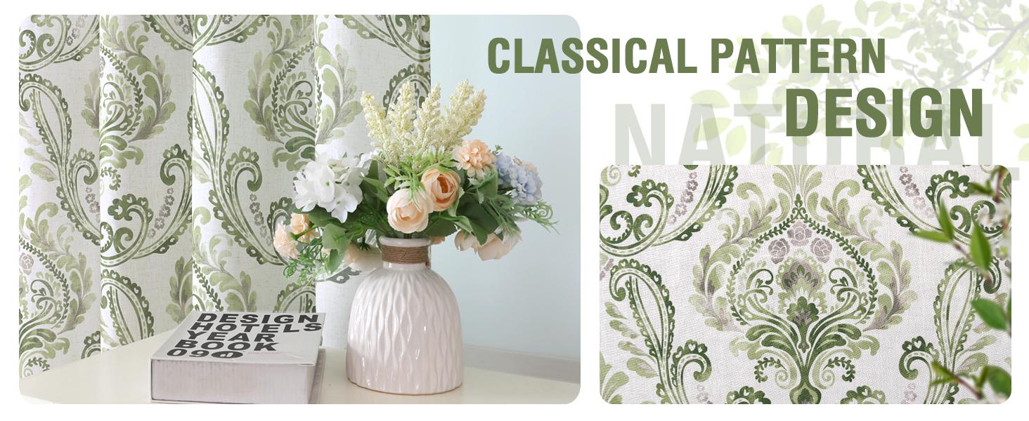 H.VERSAILTEX Linen Curtains 2 Panels Damask Floral Natural Linen Blended Curtains for Living Room Drapes Vintage Floral Pattern Privacy Added Light Filtering Mid-Century Style