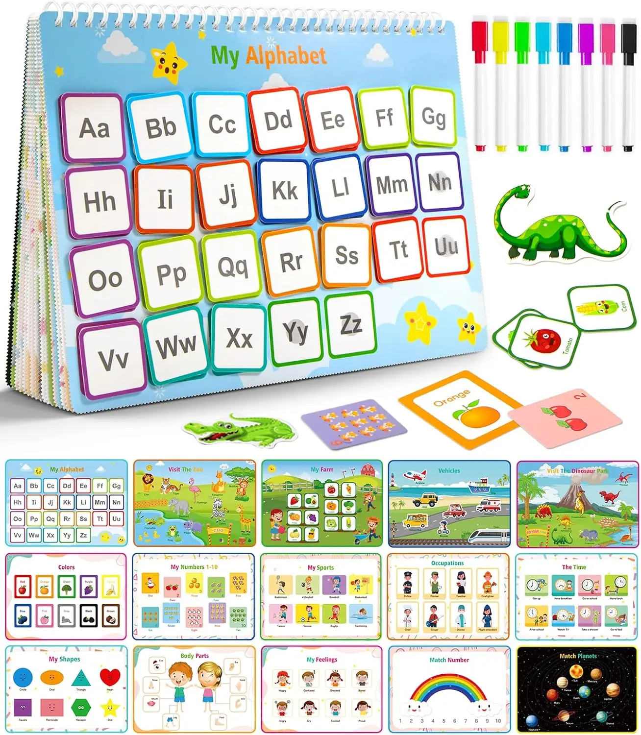 Montessori Busy Book (Montessori Toy) for Toddlers 1-3, 32-Themed Preschool Teaching Supplies, Waterproof 8-Piece Art Marker Set, Visual Learning Tools, Autism Activity Binder, Interactive Play Gift for Boys and Girls (Birthdays), Alphabet Learning Chart