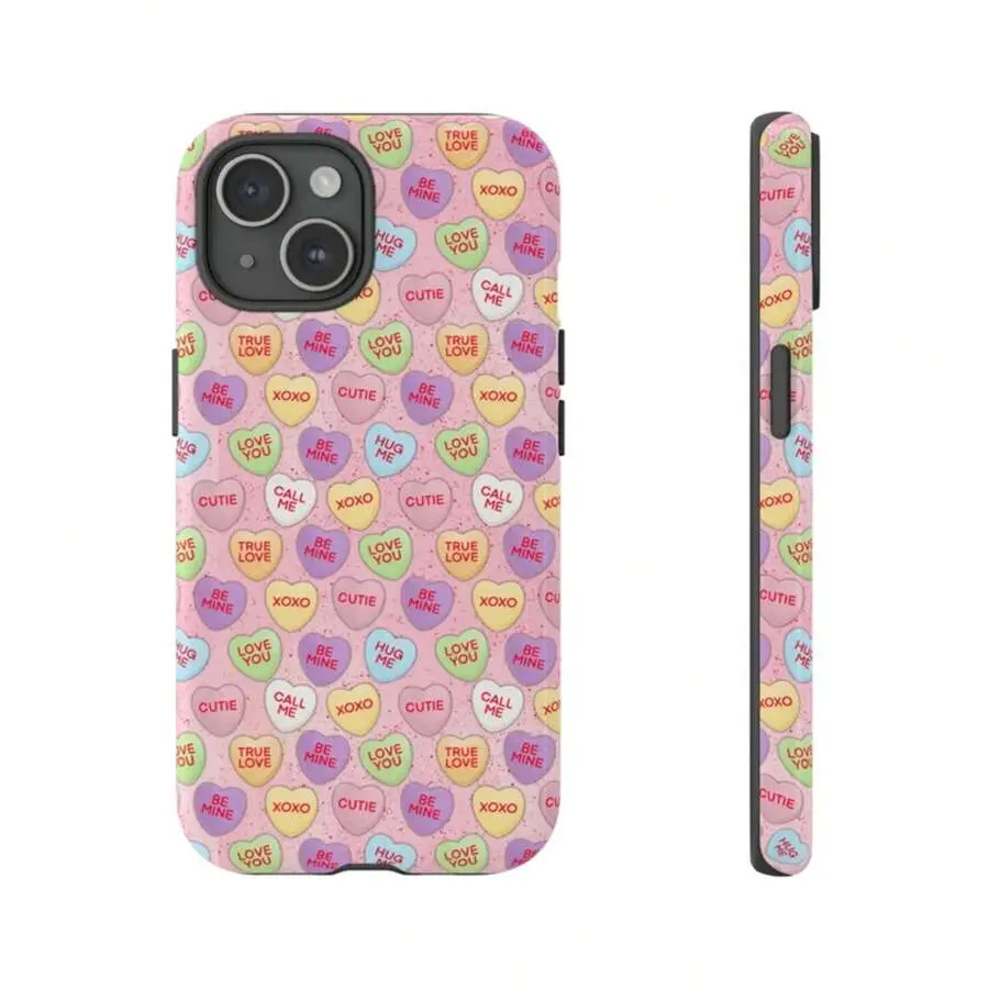 Tough Candy Hearts Valentine's Day Shockproof Smartphone Cellphone Cover, Mixed Color Multi-Model Mobile Accessory, Casing Compatible with iPhone 16,15,14,13,12,11,X,8 Plus, Protection