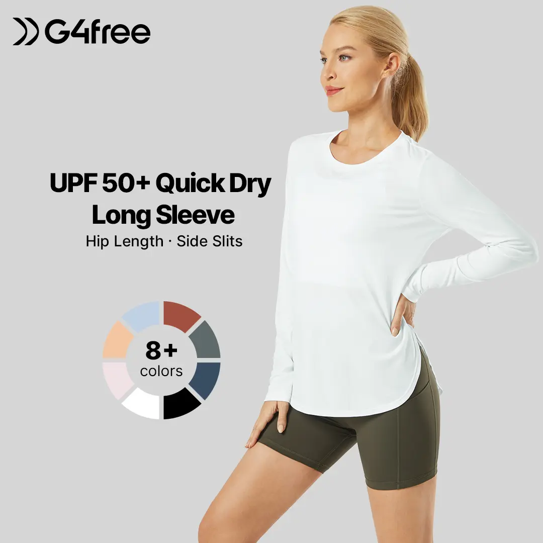 G4Free Women's UV Sun Protection Quick-Dry Hip-Length Long-Sleeve Scoop Neck Gym Tee, Fitness Tops for Women Activewear