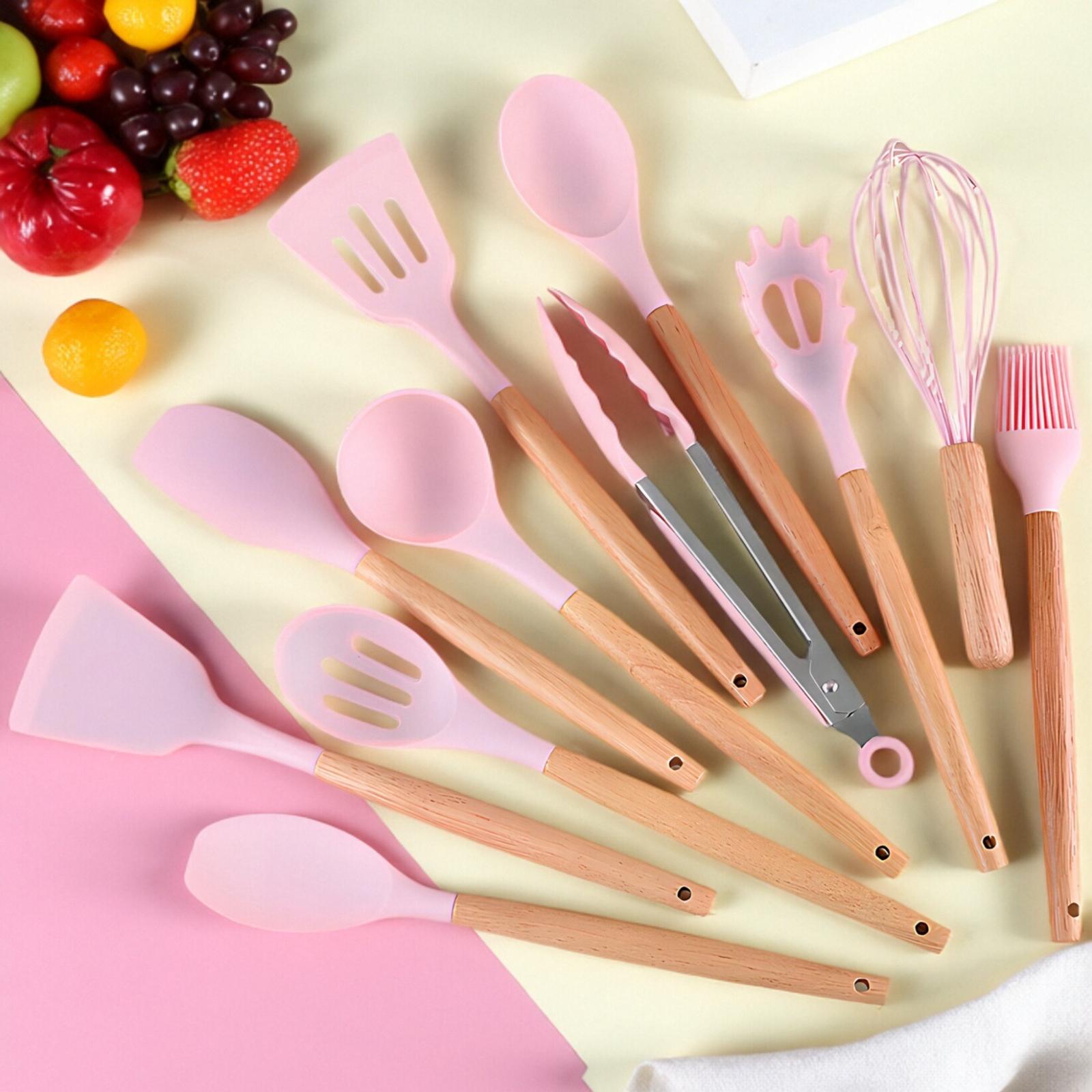 19-Piece Kitchen Knife Set (Including Heat-Resistant Silicone Cutlery and Equipped with Wooden Handles)It contains 1 chef's knife and knives compatible with non-stick cookware, and is an ideal gift for relatives and friends during New Year, White Pink