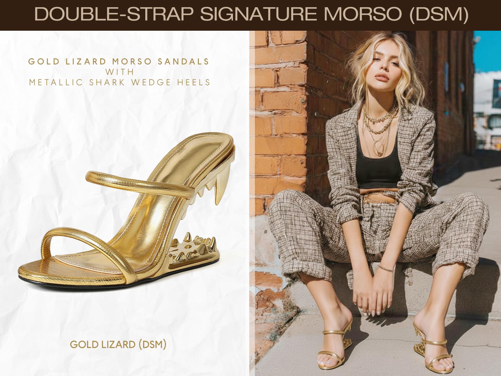 CYNLLIO Womens Morso Sandals Open Rounded Toe Wedge Heels Elegant Metallic Shark Heel Style Slip on Strappy Heeled Fashionable Tiger Teeth Flip Flops Thong Mule Hollow-Shaped Slide Sandal Dressy Party Clubbing Wedding Spring Catwalk Pumps