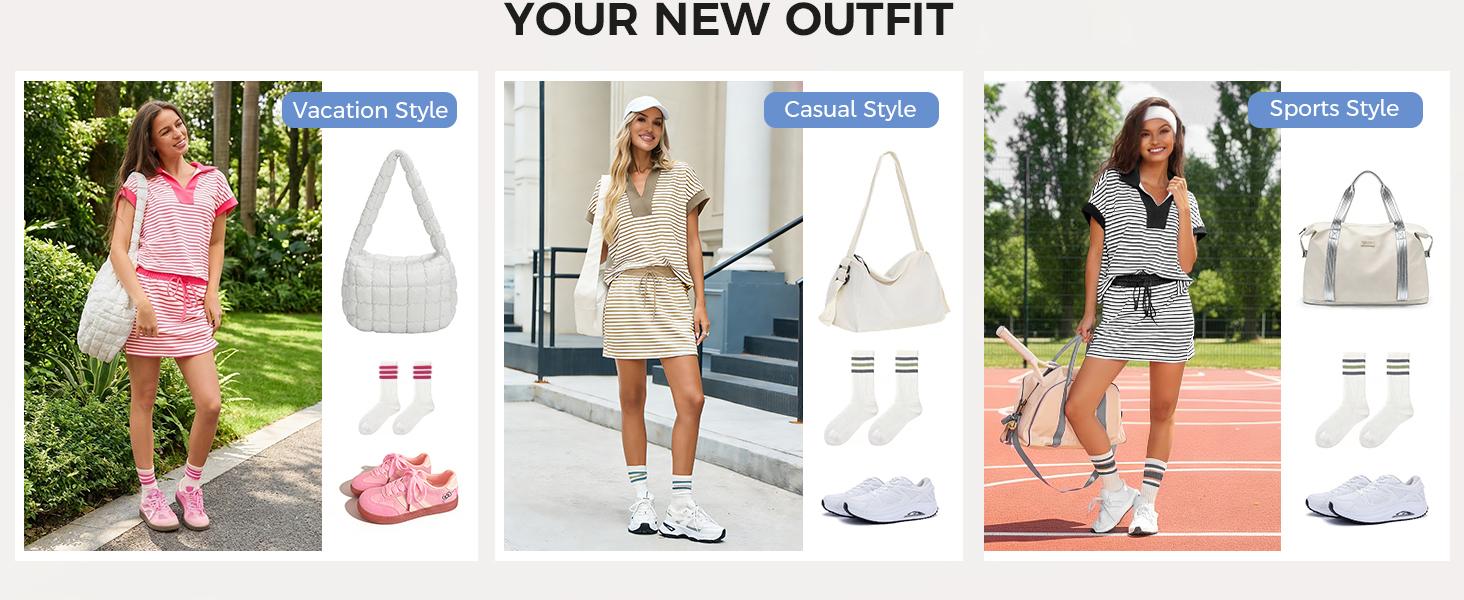 Fisoew Striped 2 Piece Outfits Casual Sweatshirt Skirt Set Long Sleeve Skort Workout Set Matching Lounge Sets Women's Matching Sets Women #Springtok #TikTokShopHolidayHaul #TikTokShopJumpstartSale Fabrics Elastic two piece set Elegance Shorts