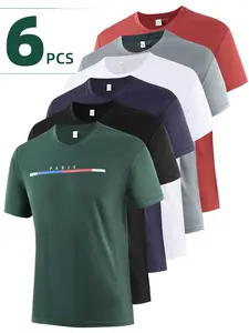 Men's 6-Pack Casual Graphic T-Shirts Moisture Wicking Cooling Tees Quick Dry Athletic Fit Short Sleeve Tops for Summer Beach Travel & Gym Workout Bundle