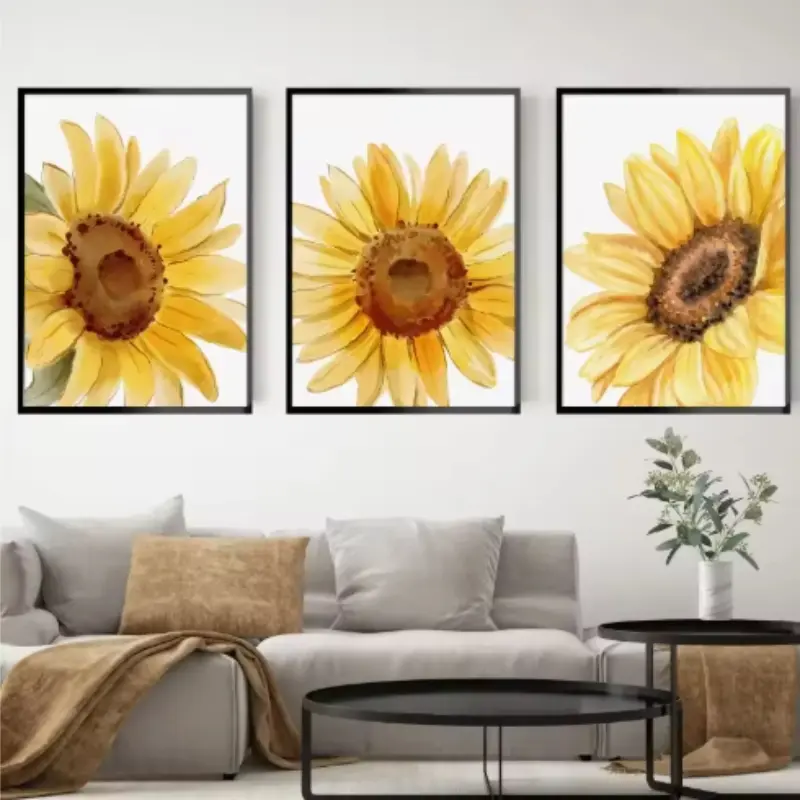 3pcs Watercolor Sunflower Poster Unframed Print, Plant Floral Oil Painting, Flower Wall Living Room Home Wall Decor Art