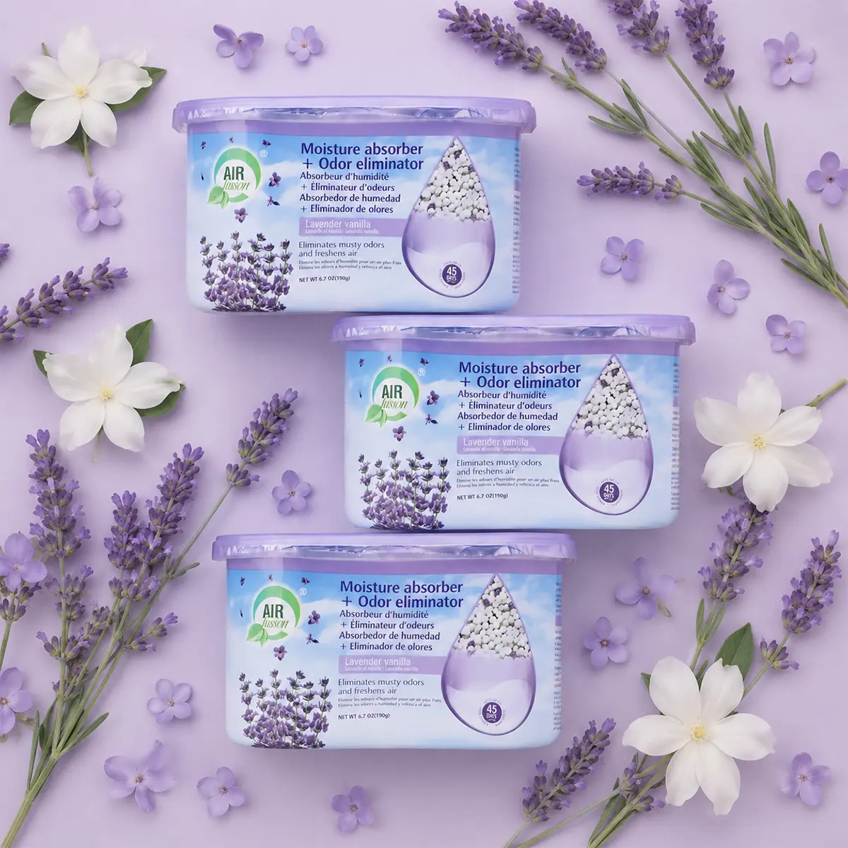 Air Fusion Bamboo Charcoal Aluminium Foil Moisture Absorbers (3-Pack, 6.7oz) – Spill-Proof Cordless Dehumidifier Container with Lavender Vanilla Scent, 0-500ml Capacity, Odor Control Household Items for Closet, Bathroom (Display-Inclusive)