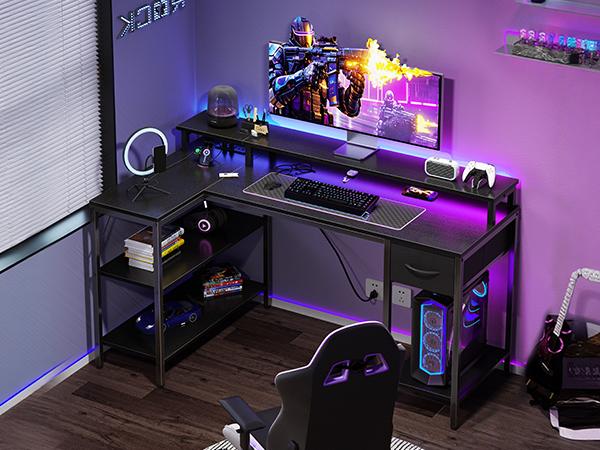 53” Gaming Desk with USB Charging Ports & LED Lights, Reversible L Shaped Desks Computer Corner Gamer Table with Power Outlets Monitor Stand Storage Shelves for Home Office Small Space, Black
