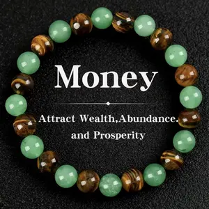 Money Bracelets for Women Natural Green Jade and Tiger Eye Summer Bracelets, Adjustable Wealthy Beaded Braclet, Green Crystal Jewelry for Good Luck with Elastic Cord Green Gifts for Her