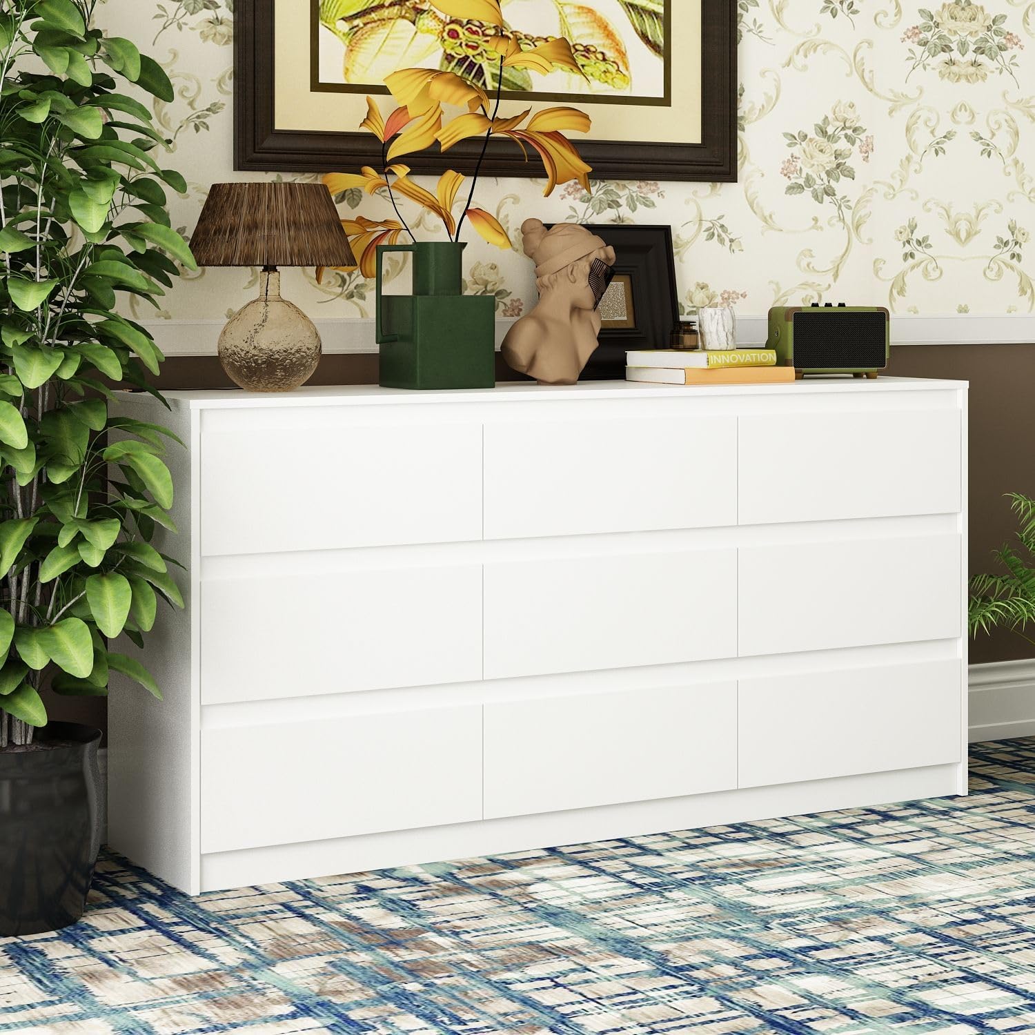 Modern Dresser Chest of Drawers, 9 Drawer Dresser with No Handle Design, White Dresser for Bedroom - Multi-Use Drawer Organizer