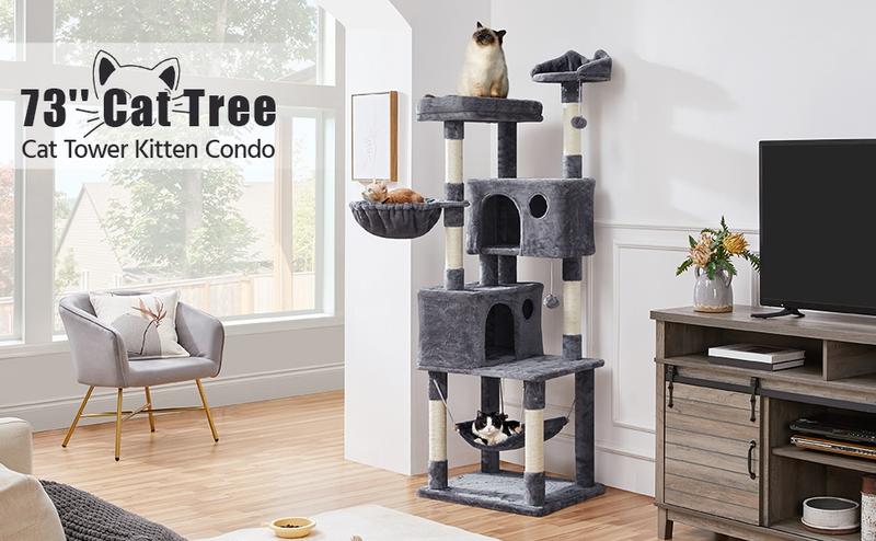Yaheetech 64.5/73'' Cat Tree Large Cat Tower with Condos Platform Perch Hammock Scratching Posts Plush Cat House