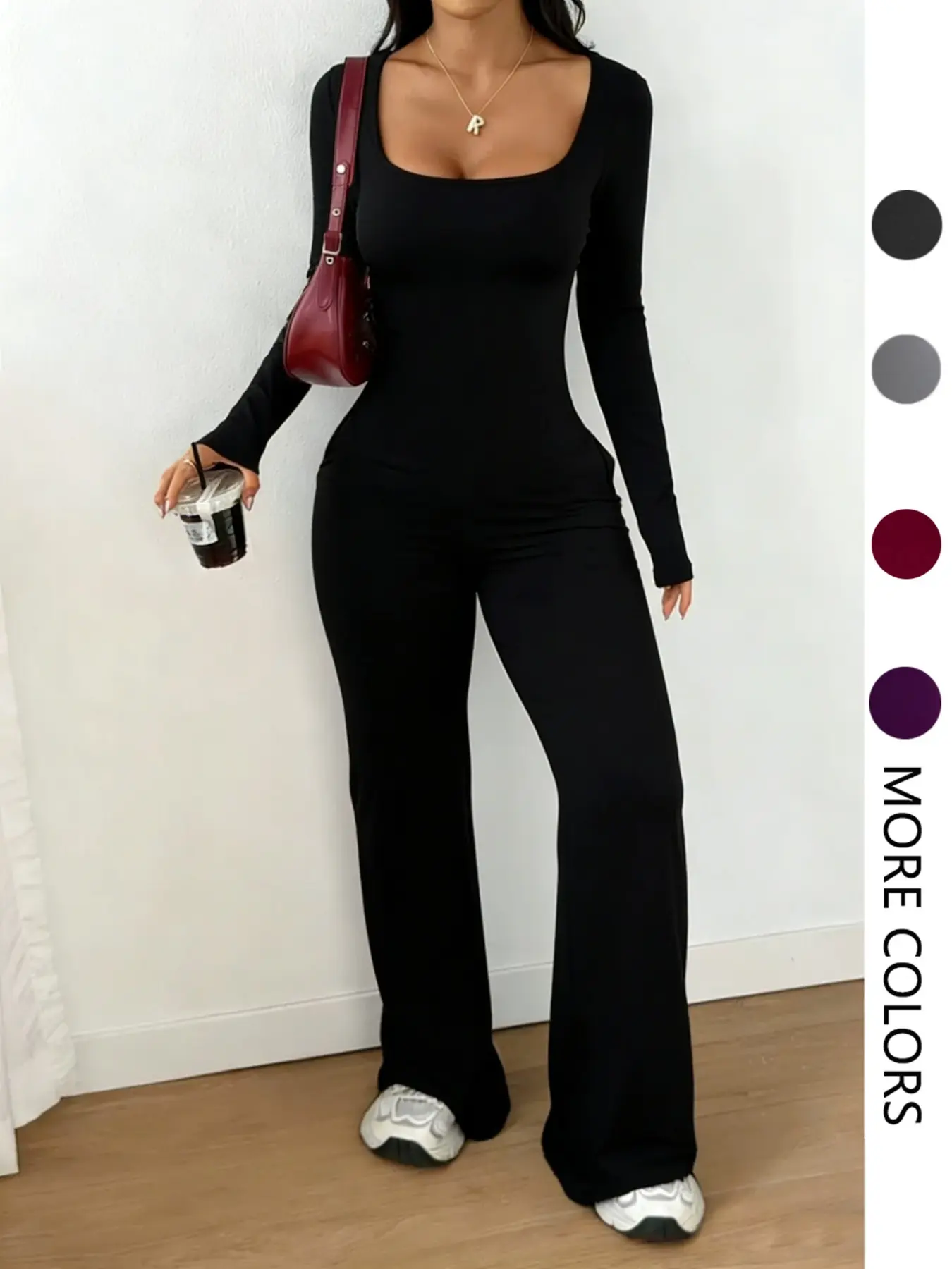 Women's Long Sleeve Fashion Jumpsuit, Womenswear, Lady Garment, Plain Color, High Waist, Elastic Bell Bottoms, Adjustable Strap, Pockets, Casual Loose Fit, All Seasons, Basic, Bell Bottom Overalls