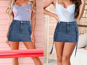 Vogatiques Womens Denim Mini Skirts Summer Trendy Going Out Beach Outfits Comfort Low Waist Cargo Denim with Pockets DSKIRT231122 Womenswear Bottom