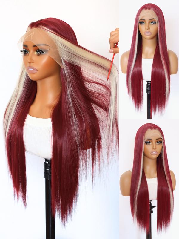 Burgundy With Blonde Highlights Lace Front Wig, Wine Red 13x4 Lace Front Wig,Heat-resistant Synthetic Fiber Wigs,Cosplay Halloween Party Use (28 Inch)
