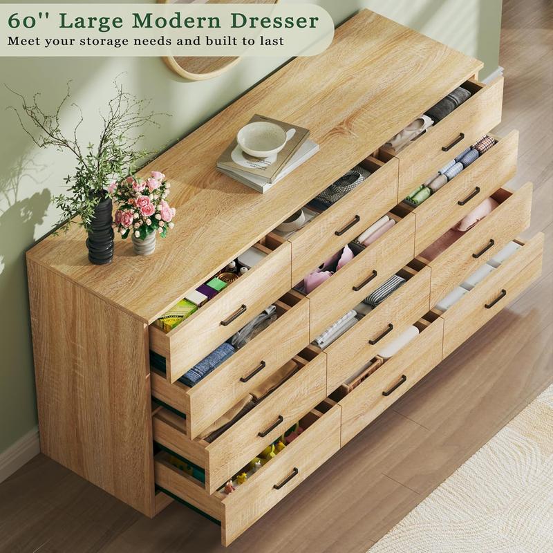 Dresser for Bedroom with 12 Drawers, 60'' Wide Mid Century Modern Dressers, Natural Wood Grain, Chests of Drawers TV Stand, Large Storage Organizer, Closet, Entryway, Natural
