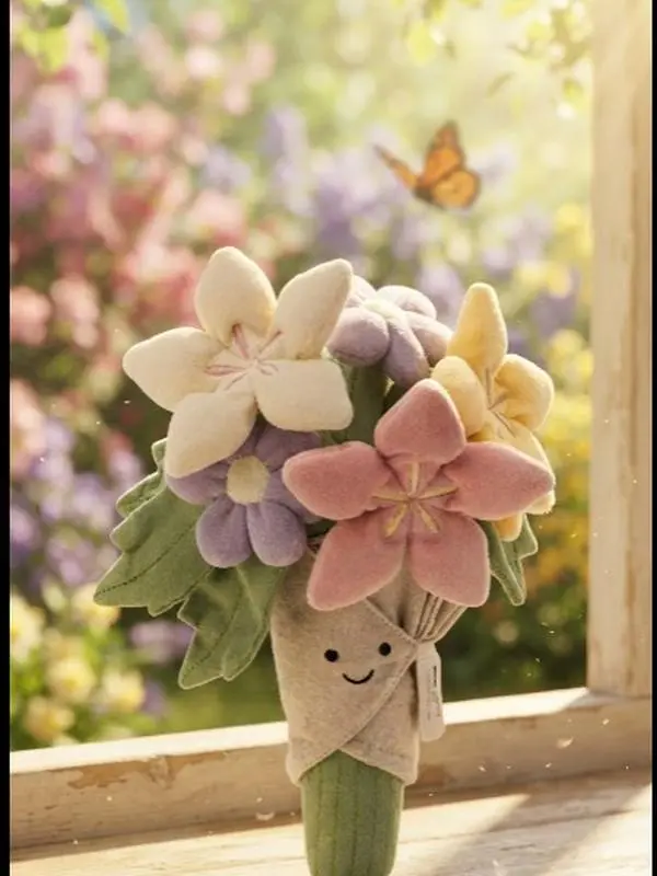 Plush Flower Bouquet Toy - Cute Soft Stuffed Flower Plushie with Smiling Face, Kawaii Fake Roses & Wildflowers Plush Bouquet for Valentine's Day, Birthday, Anniversary Gifts