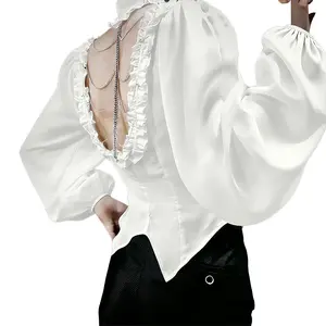 INCERUN Men's Fashion Prom Menswear Coquette Aesthetic Open-Back Blouse, Ruffle-Trim Long-Sleeve Gender-Fluid Sexy Party Top