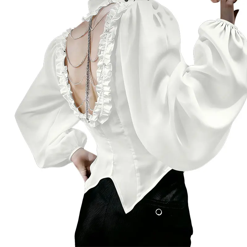 INCERUN Menswear Gender Fluid Long-Sleeve Ruffle Trim Blouse - Fashion Open-Back Party Wear Top for Prom, Tops, Dressy Tops