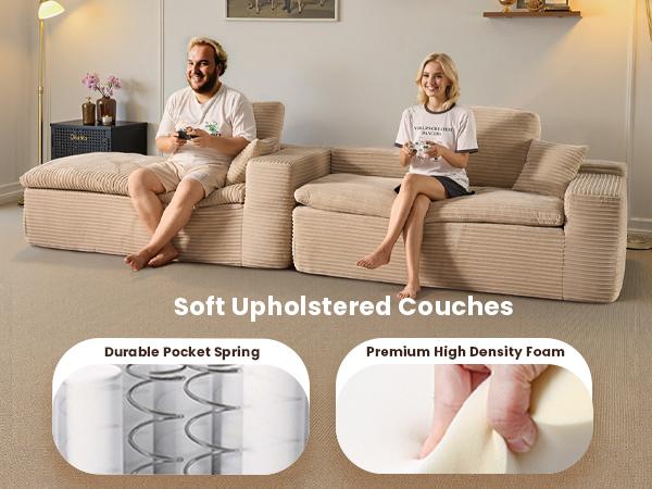【Stock Up Sale】Ovios 106" Double Layer Cloud Modular Couch with Chaise, Plush Corduroy, No Assembly Required - L-Shaped Sectional Sofa Set with Flexible Configuration - 106"W x 69"D x 36"H, 3 Seater