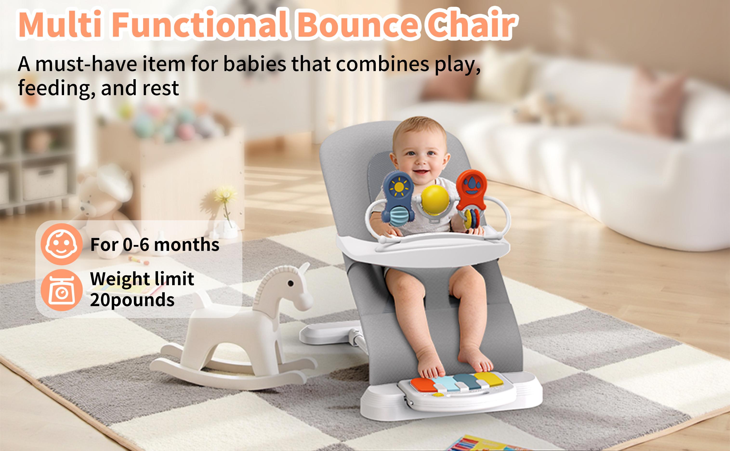 3-in-1 Baby Bouncer and Rocker with Music Piano, Infant Swing with Toys Play Bar, Baby Bouncer Chair with Detachable Tray,Baby Chair with 3-level height adjustment and 3-point Adjustable Seatbelt,Honeycomb-textured Material, Comfortable and Breathable
