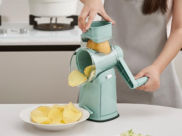 UFORU 5-in-1 Rotary Cheese Grater & Vegetable Chopper with Suction Base, 10 Stainless Blades & Safety Handle - for Cheese, Vegetables, Fruits & Shredding Chicken