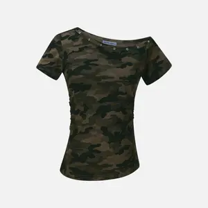 Aelfric Eden CAMO Off-The-Shoulder Baby Tee Slim Fit Short Sleeve Studded Neck Summer Streetwear Y2K Top