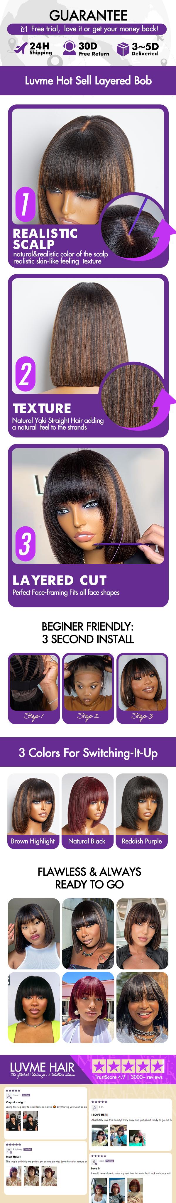 Put On And Go Reddish Purple / Brown Highlight / Natural Black Layered Cut Yaki Straight Minimalist Lace Bob Wig With Bangs