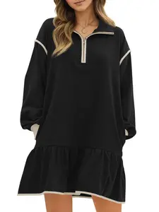 Wenrine Women's 2025 Fall Oversized Sweatshirt Dress Casual Long Sleeve Quarter Zip Ruffle Hem Pullover Mini Dresses Soft Polyester Fabric Basic Minimalist Design Womenswear Summer