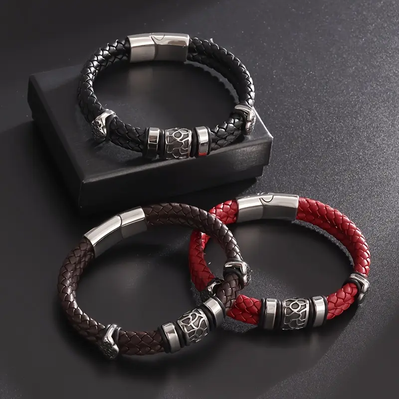 1pc New Fashion 21cm Length Double Layer Punk Rock Style Braided GENUINE Real Leather Bracelet, Stainless Steel Magnetic Bracelet Men Jewelry Gift Trendy Stack Bangle, Multicolor Stackable Bracelets