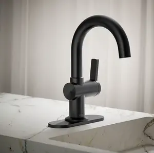 KOHLER Premise Matte Black Single hole 1-handle WaterSense High-arc Residential Handle Bathroom Sink Faucet with Drain with Deck Plate (open box)