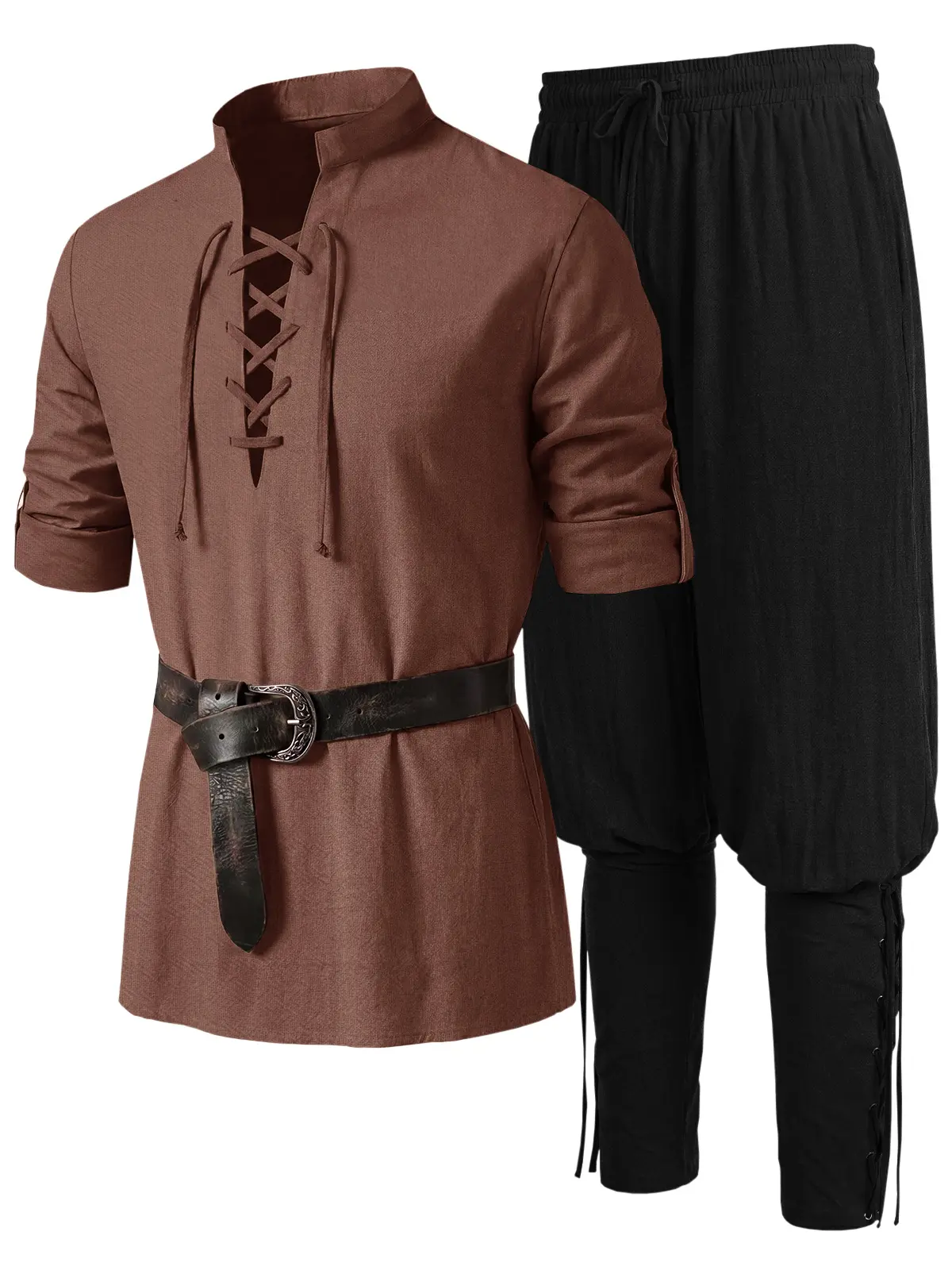 Runcati Menswear 2-Piece Pirate Costume Set - Mens Fashion Baggy Oversized Loose Renaissance Medieval Lace-Up Shirt & Viking Ankle-Banded Pants for Halloween Cosplay