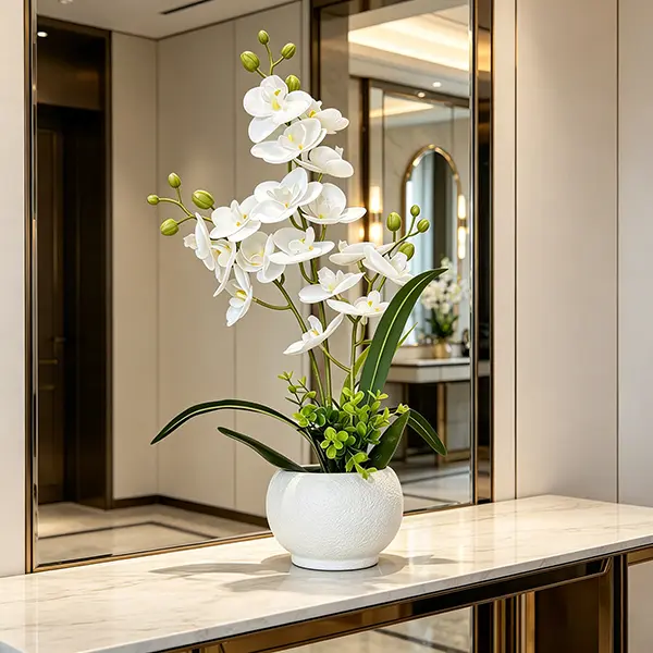 Elegant White Artificial Orchid Decorations with Durable Plastic Flowerpots - Low-Maintenance, Fade-Resistant, Waterproof Ornaments with Realistic Leaves, Decorative Box Included, Ideal for Home & Office Gifting