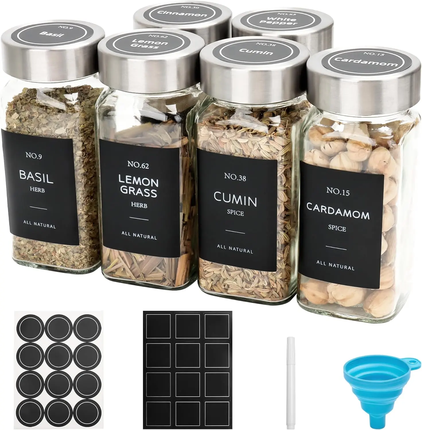 6 Pcs Glass Spice Jars with Label, 4oz Spice Jars with Lids, Seasoning containers Set, Comes with spice bottle caps, Silicone Collapsible Funnel,chalk, for Spice Rack, Cabinet, Drawer