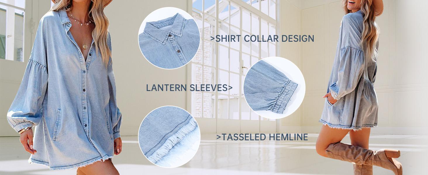Women's Oversized Distressed Denim Button-Down Shirt Tunic Dress: Flowy Mini Jean Dress with Pockets SpringStatements