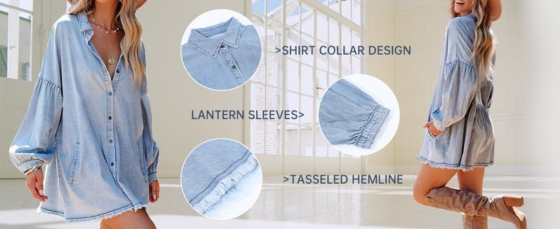 Women's Oversized Distressed Denim Button-Down Shirt Tunic Dress: Flowy Mini Jean Dress with Pockets