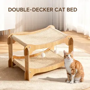 2-Tier Wooden Cat Scratcher Lounge Bed with Sisal Mat, Heavy Duty 33lbs Cat Hammock & Scratching Post with Play Ball for Indoor Cats
