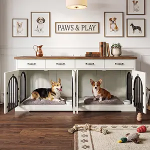 Large Dog Crate Furniture for 2 Dogs with Storage Drawers, Wooden Dog Kennel Indoor for Medium & Large Dogs, Dog Cage End Table with Doors, Heavy Duty Dog Crate TV Stand for Living Room, White & Brown house pet folding walnut modern Durable Double
