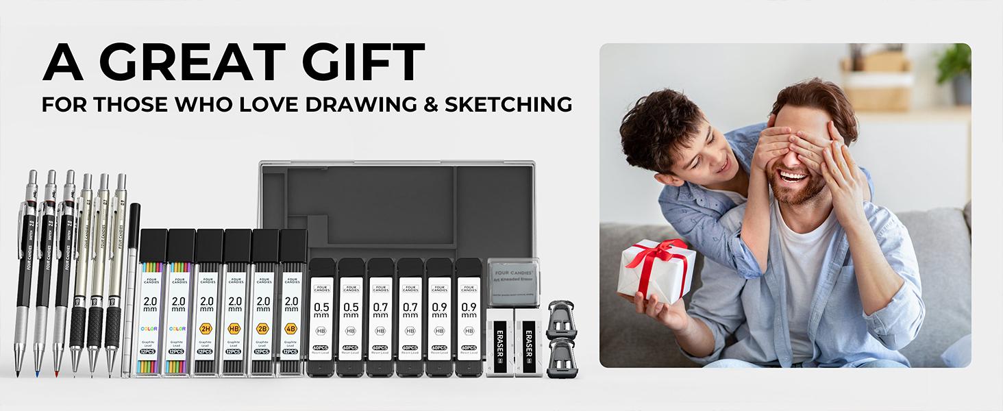 Four Candies 25PCS Art Mechanical Pencil Set with Case 3PCS Metal Artist Lead Pencil 0.5, 0.7, 0.9 mm & 3PCS 2mm Holder (HB 2H 2B 4B Color) with 432PCS Graphite Lead Refills for Drawing Sketching Essential for art students back to school gifts