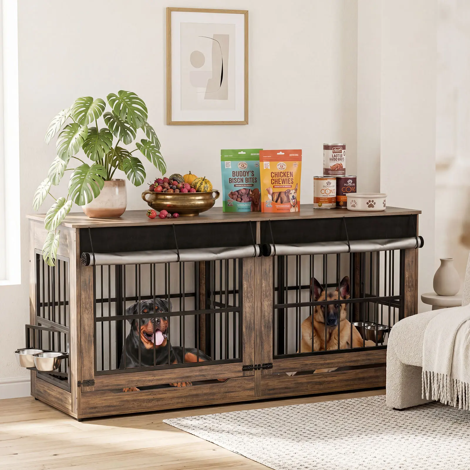 ZZWHOM Premium Solid Wooden Dog Crate - 2XL Rustic Brown Double Door Kennel, Escape-Proof Lockable Doors, Square Slat Design Slats, All Seasons Indoor Non-Skid Pet Crate, Excellent Ventilation, Minimal Assembly, Multiple Sizes for Medium-Giant Breeds