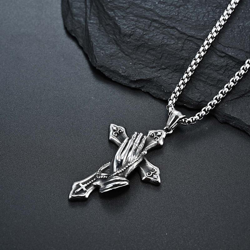 KISSFOO Stainless Steel Praying Hands Cross Necklace Prayer Accessories for Men and Women