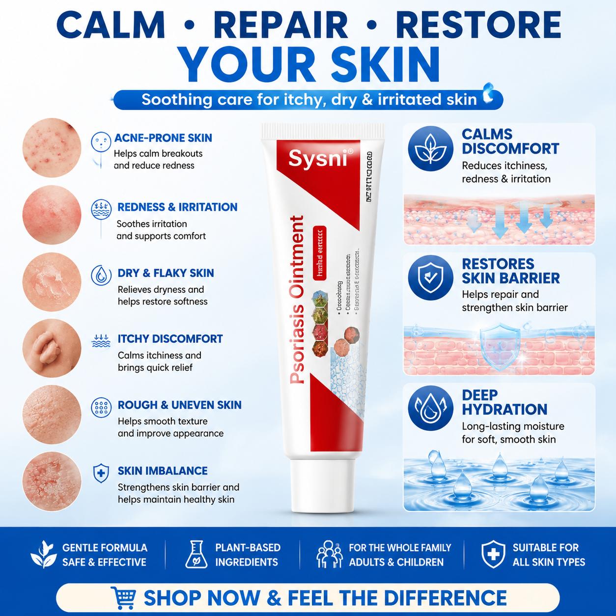SYSNI Sensitive Skin Soothing Care Cream, Natural Botanical Formula, Helps Soothe Dryness, Itching and Redness, Suitable for Daily Sensitive Skin Care, Scalp Care and Skin Moisturizing Repair, Deep Hydration