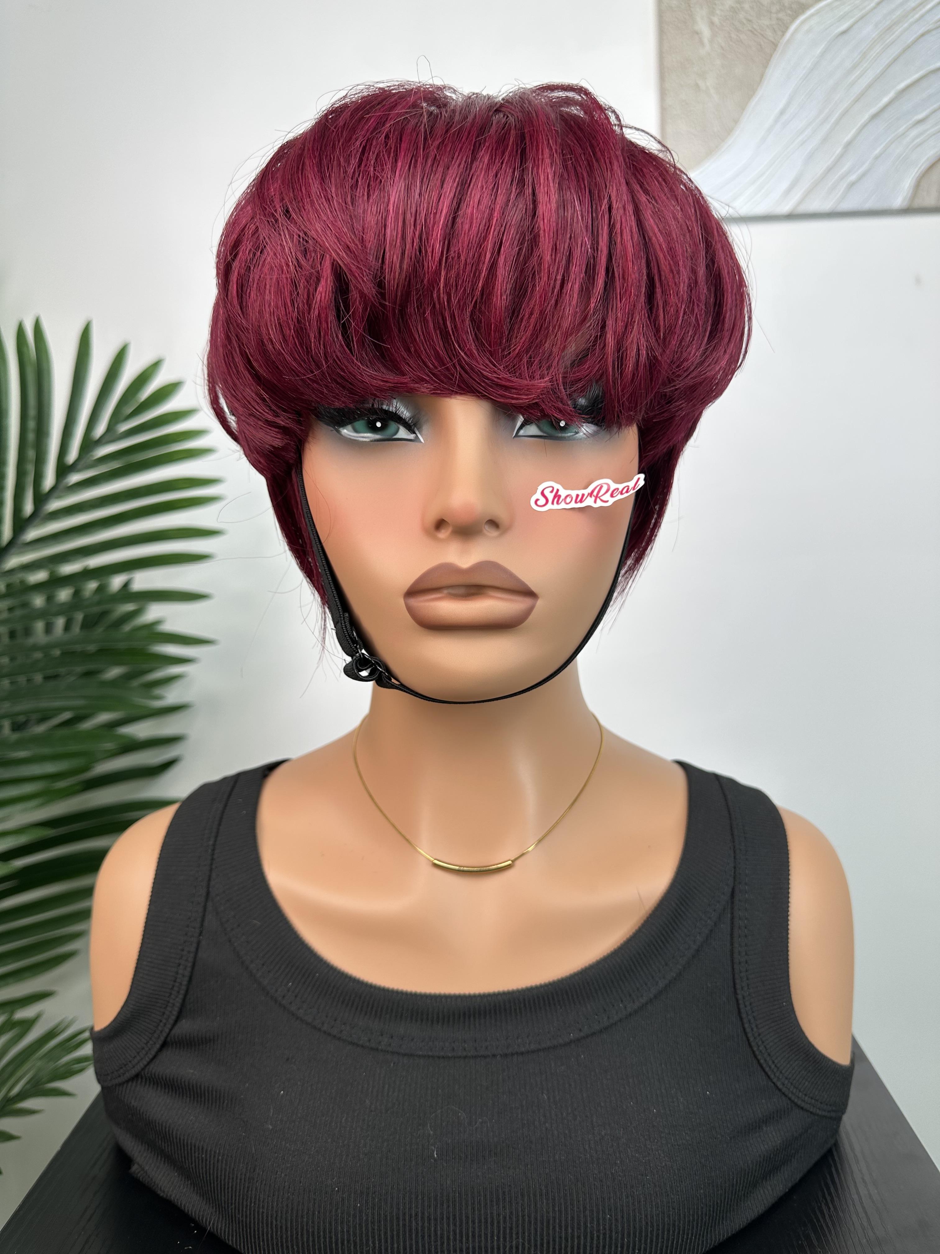 ShowRealHair Bowl Cut Wig for Women - 6 Inch Short, Wavy & Fluffy Layered Pixie Cut Style with Fringe, Perfect for Daily Wear and Fashion