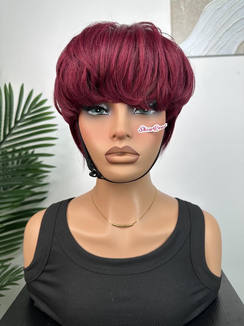 ShowRealHair Bowl Cut Wig for Women - 6 Inch Short, Wavy & Fluffy Layered Pixie Cut Style with Fringe, Perfect for Daily Wear and Fashion