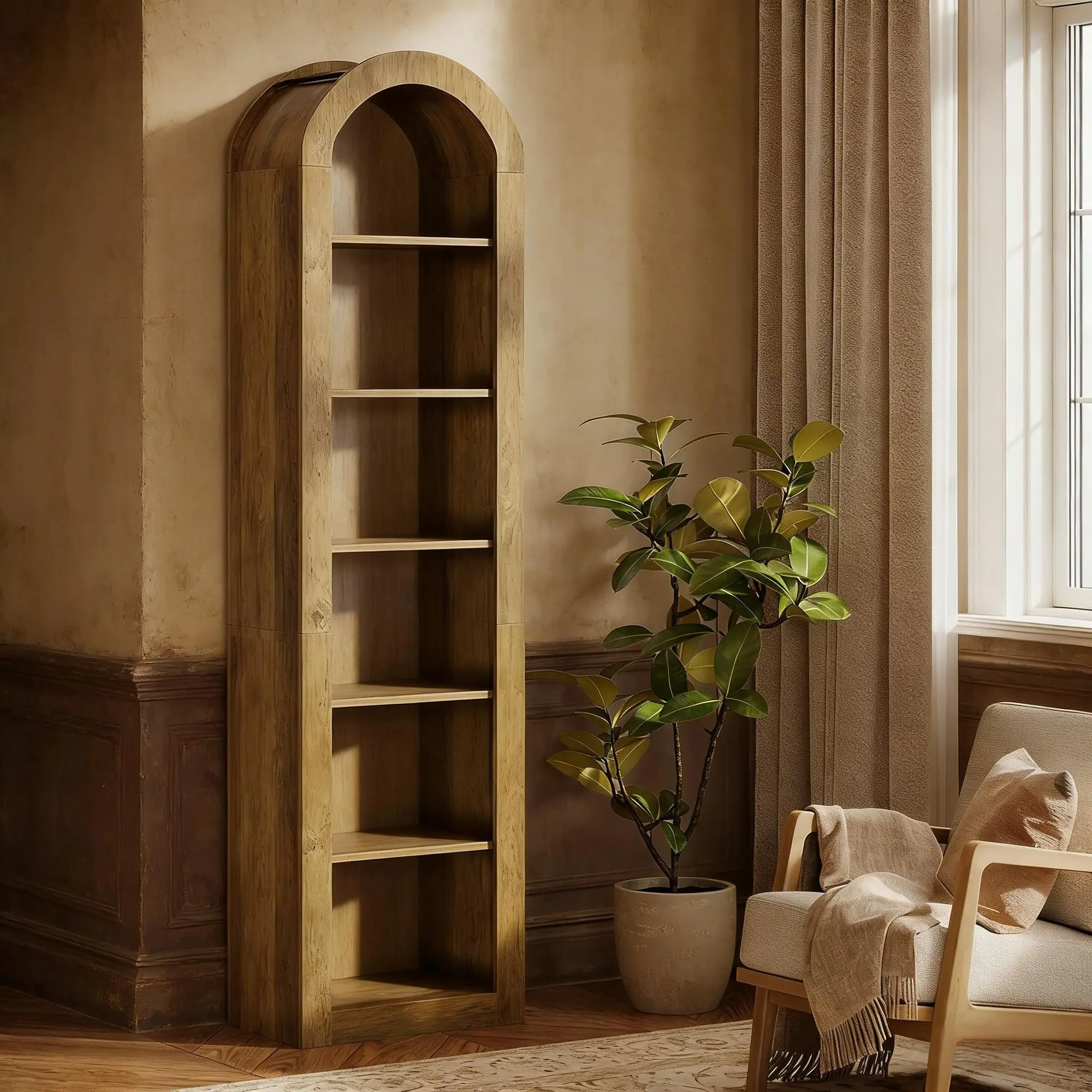 Arched Bookshelf - 6-Tier Narrow Engineered Wood Open Shelving Unit with Arch Shape, Rustic Look, Simple Setup
