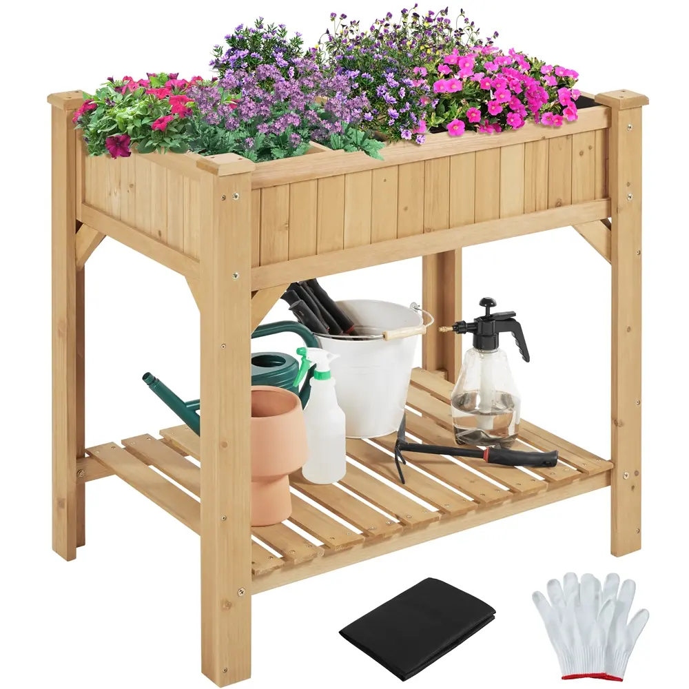 Costoffs 36" x 24.5" Rectangular Raised Garden Bed - 8-Pocket Elevated Patio Planter Box with Grow Grid, Stand, Classic DIY Painting Option, Raised Flower Bed, Gardening Supplies for Herbs & Vegetables, Includes Gloves & Hardware, Planter With Stand