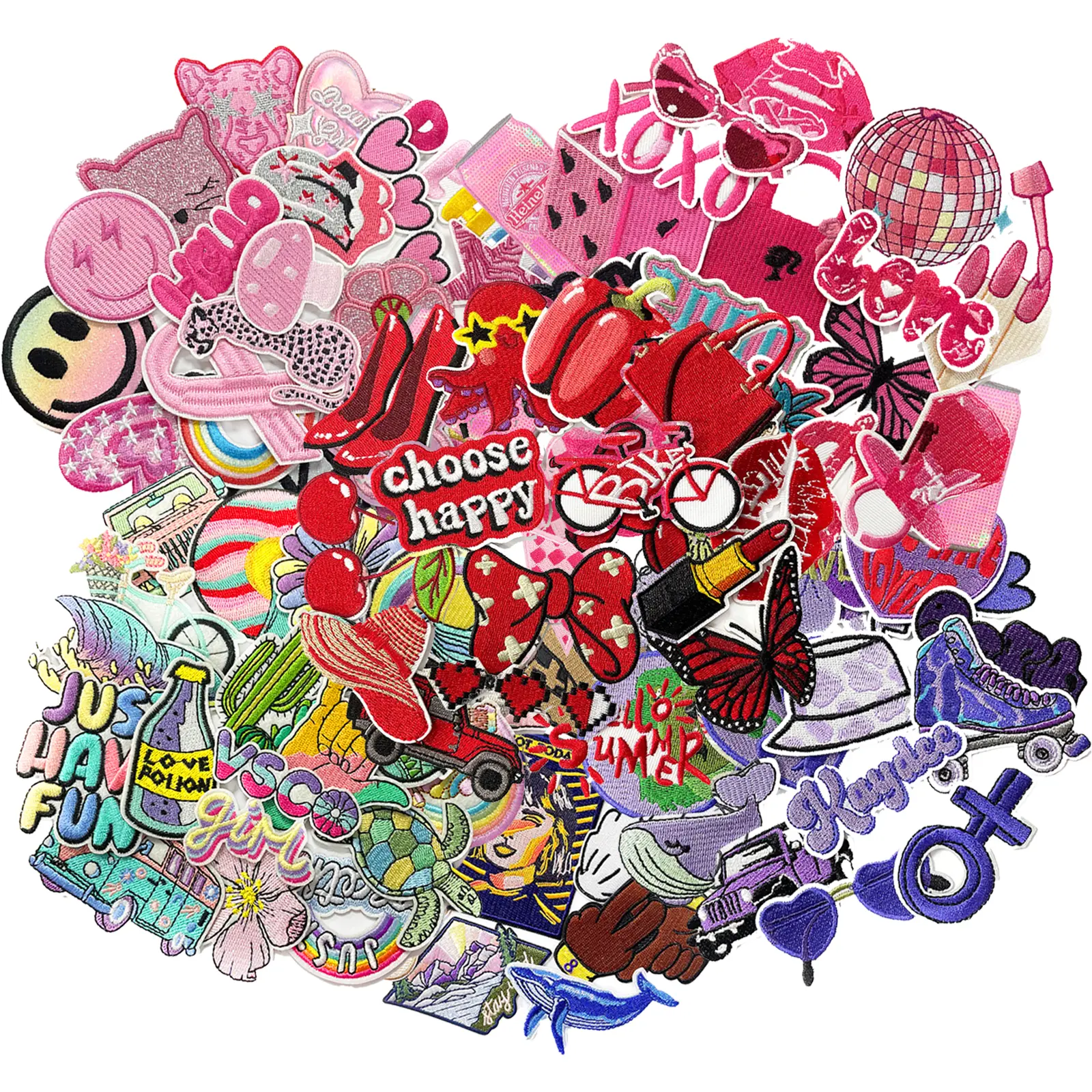 100Pcs Random Assorted Funny Designs Embroidery Patches - Cotton Fabric, Hot Melt Back Iron-On, Logo Patch Trim & Embellishments for Trucker Hats, Clothing, DIY Projects