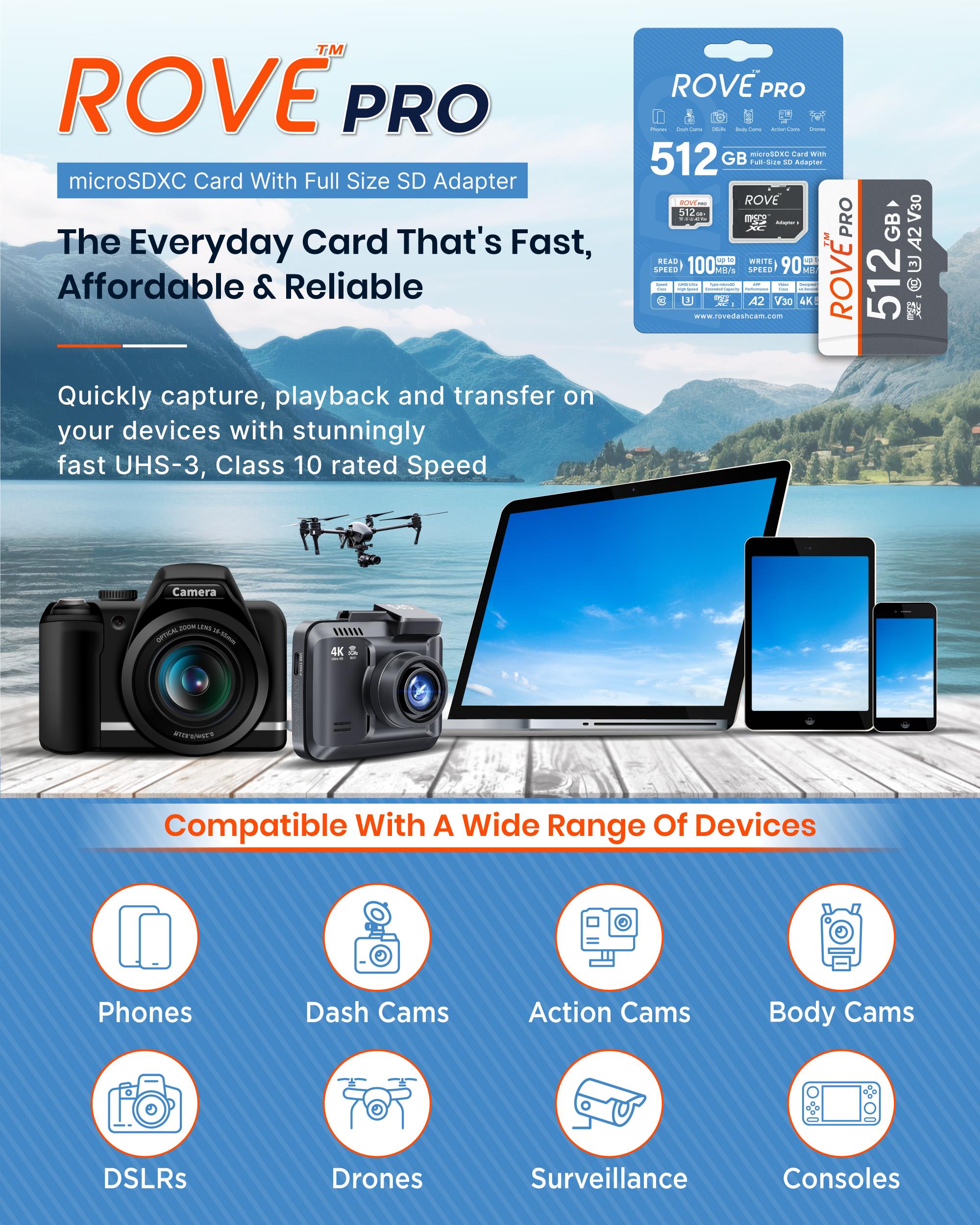 ROVE PRO microSD Card with Full-Size SD Adapter, 128GB / 256GB / 512GB