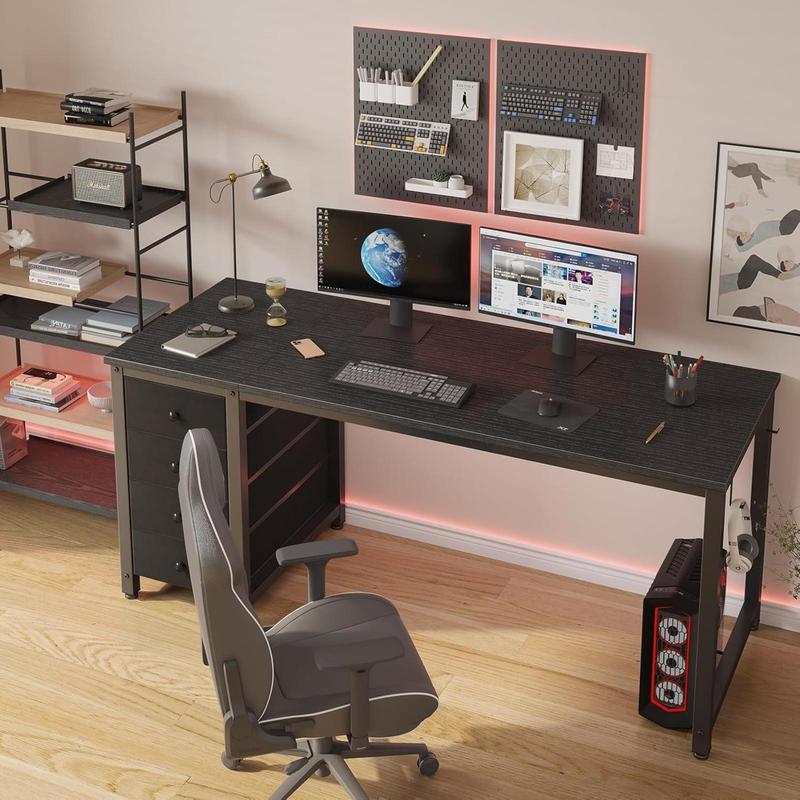 Lufeiya Gaming Desk with Fabric Drawers - 55 Inch Long Study Work Writing Reversible Computer Desk for Home Office Bedroom, Simple Modern Cute PC Desks with Drawer, Black