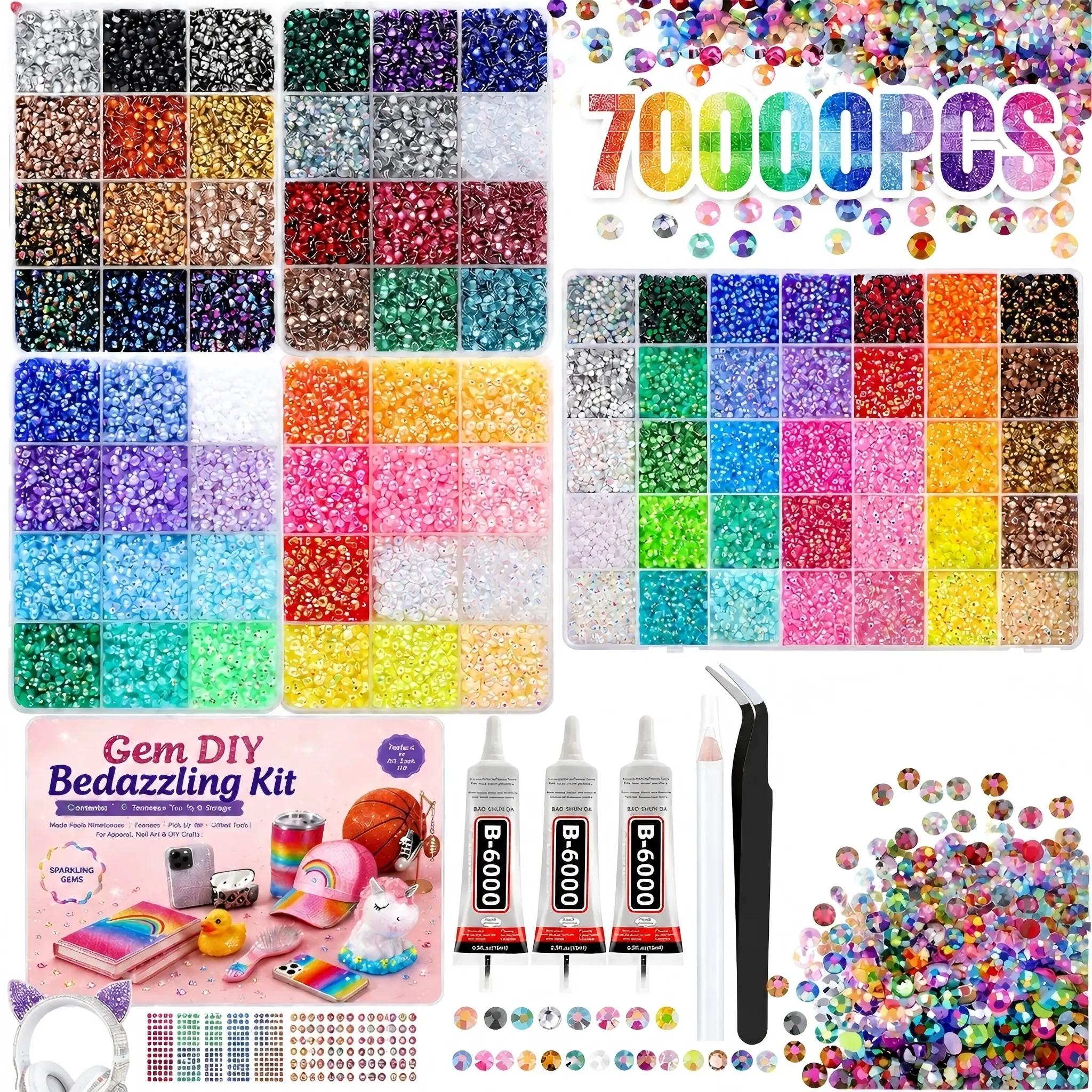 70000PCS 88 Grids 3 mm Trendy Nail-Bedazzling Rhinestones Kit, AB Iridescent Crystal Rhinestones, Semi-Circular Flat-Back Resin Diamond Decorations for DIY Nails, Birthday and Holiday Ornaments, Nail Art Supplies