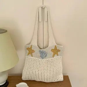 2026 New Starfish Shell Large Capacity Shopping Bag Knitted Women's Shoulder Bag Hollow out Tote Bag Summer Vacation Knitted Bag for Women Shoulder