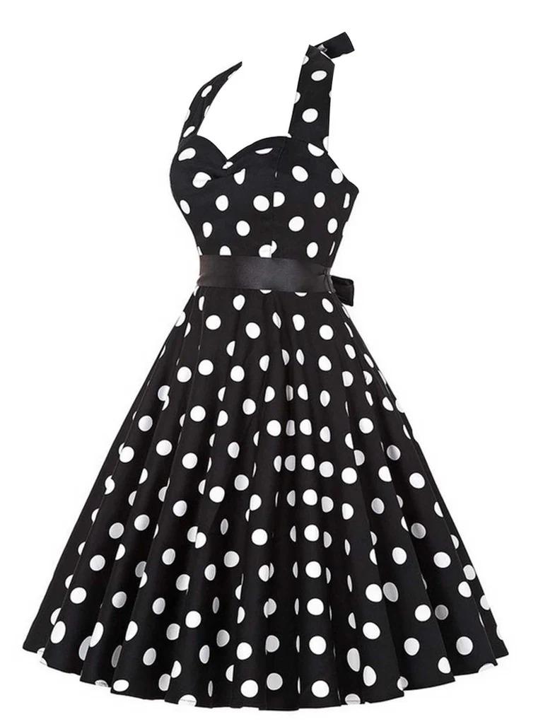 Retro Stage 1950s Vintage Polka Dot Halter Dress for Women A-line Silhouette valentine's Day with Bow Detail & Flared Skirt Casual Everyday Wear
